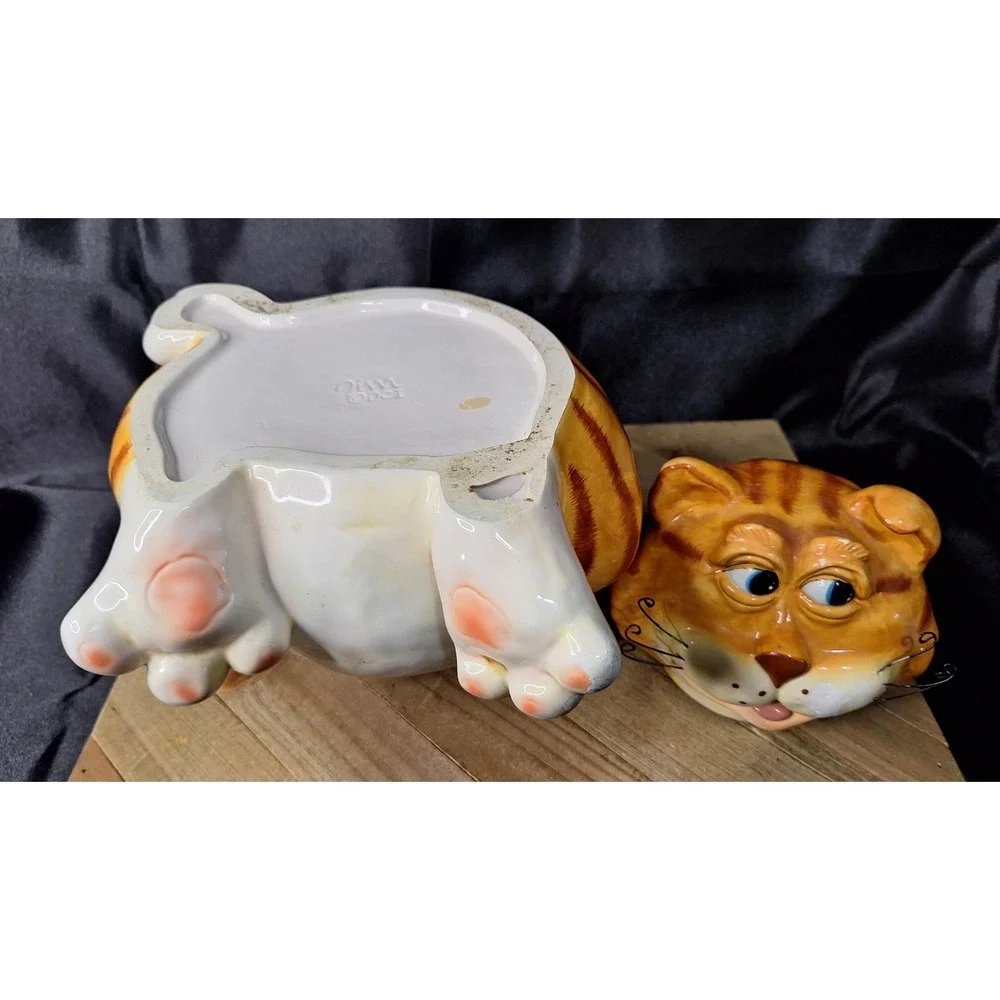 Vintage DCI Jim Orange 1990s Cat Ceramic Cookie Jar Green Collar Wire Whiskers